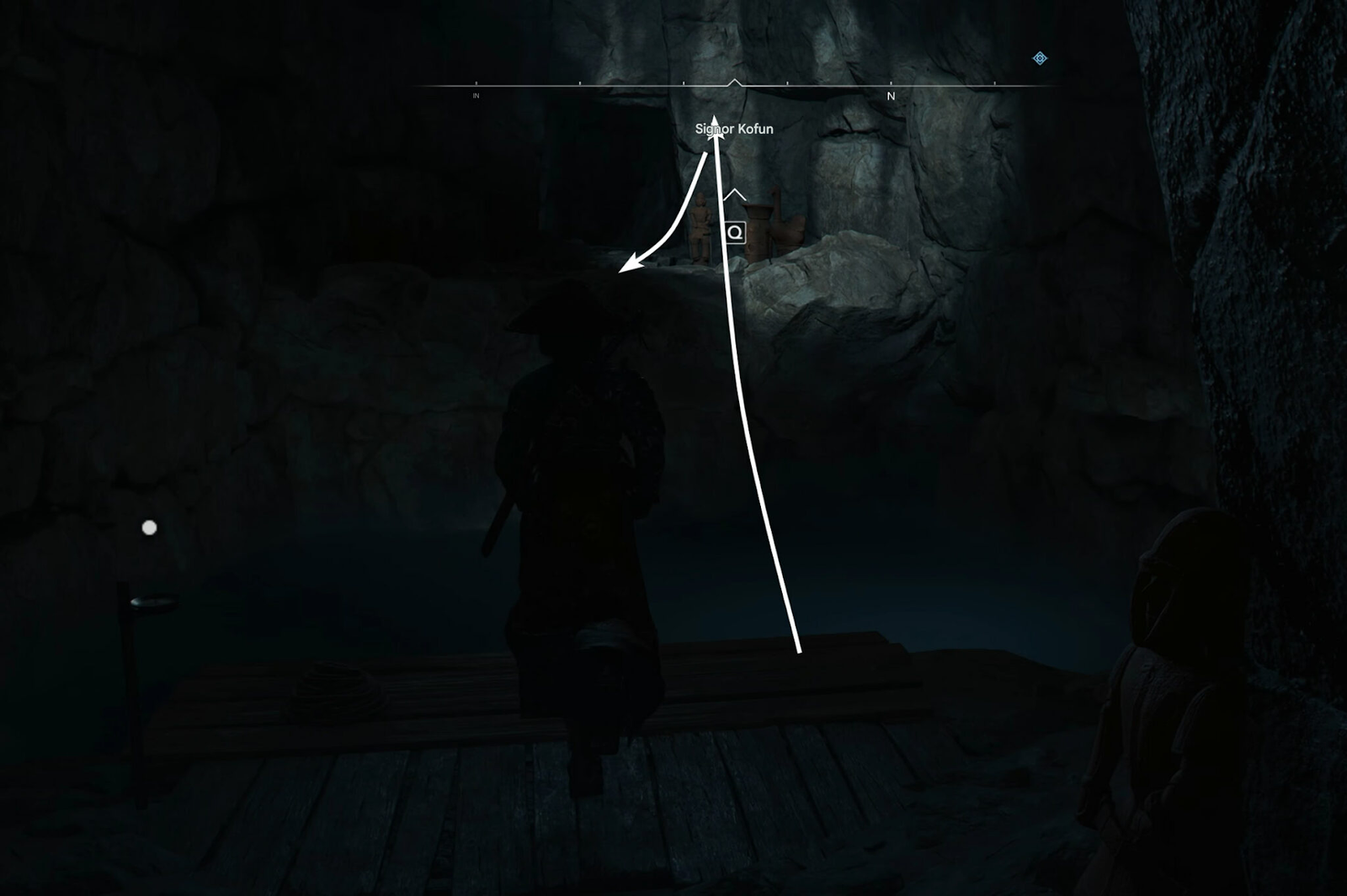 Assassin’s Creed Shadows: Guida all’Old Kofun 5 Salta oltre la sporgenza di pietra sulla sinistra per raggiungere uno stagno.