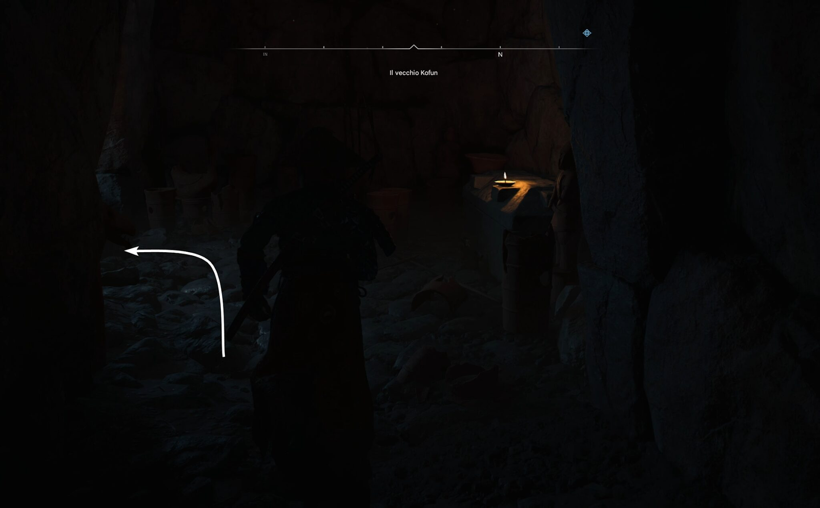 Assassin’s Creed Shadows: Guida all’Old Kofun 4 Striscia attraverso l’apertura e continua lungo il tunnel fino a una stanza con un altro sarcofago sulla destra e alcune statue accanto.