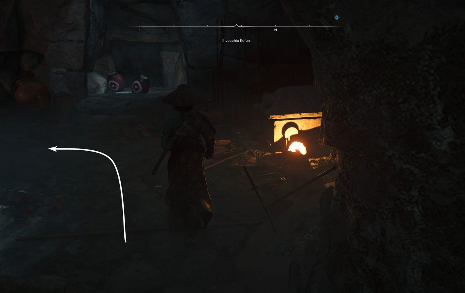 Assassin’s Creed Shadows: Guida all’Old Kofun 3 Sulla sinistra troverai un forziere e un’apertura nel muro.