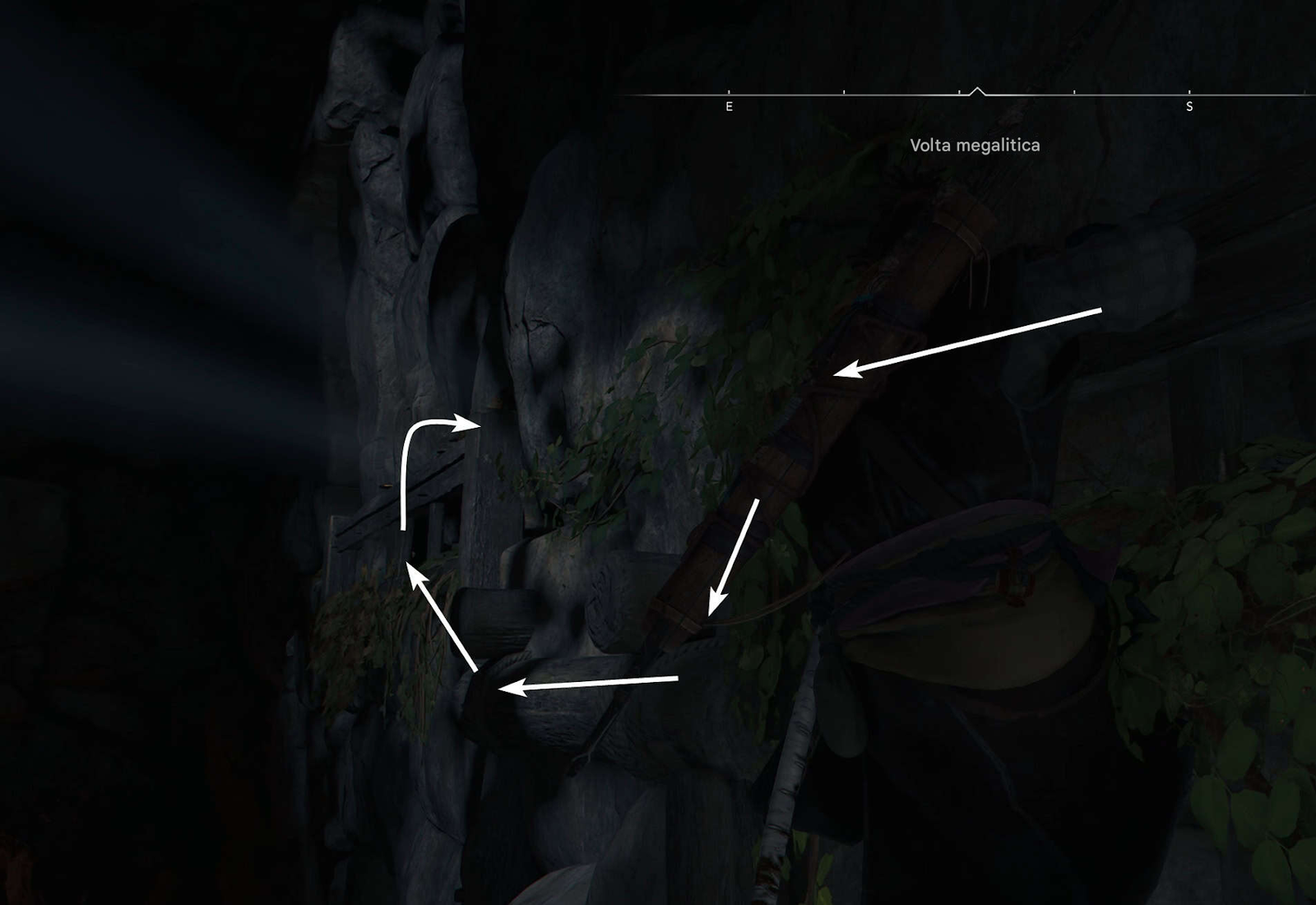Assassin’s Creed Shadows: Guida al Megalithic Vault Kofun 7 Usa i rami e le travi di legno sulla parete per spostarti a sinistra.