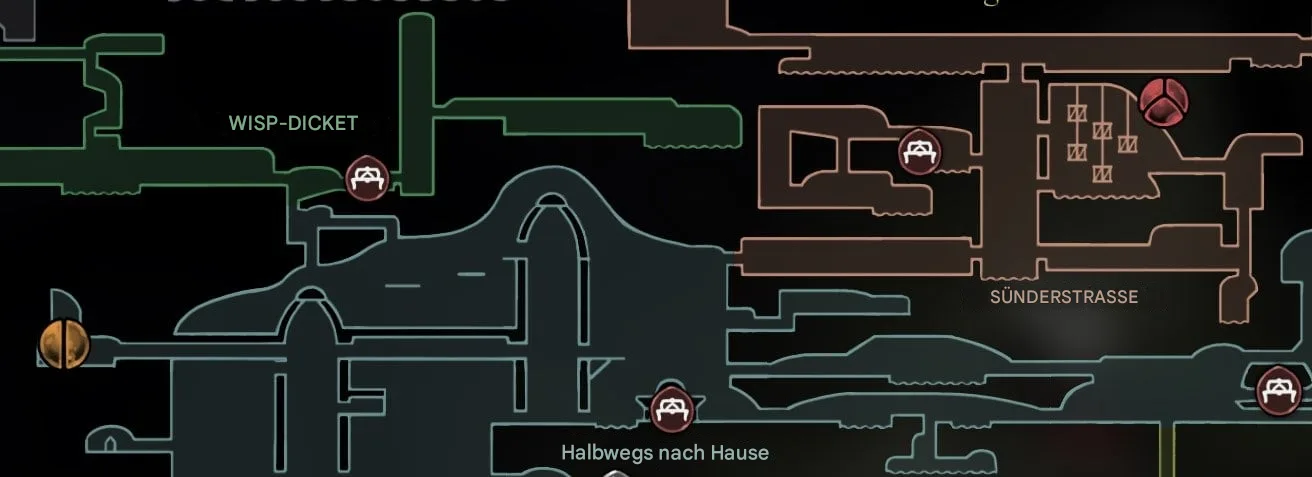 Was tun mit der Verdrehten Knospe - Hollow Knight: Silksong? 3 Markierungen – Gold: Yarnaby. Rot: Crull und Benjin
