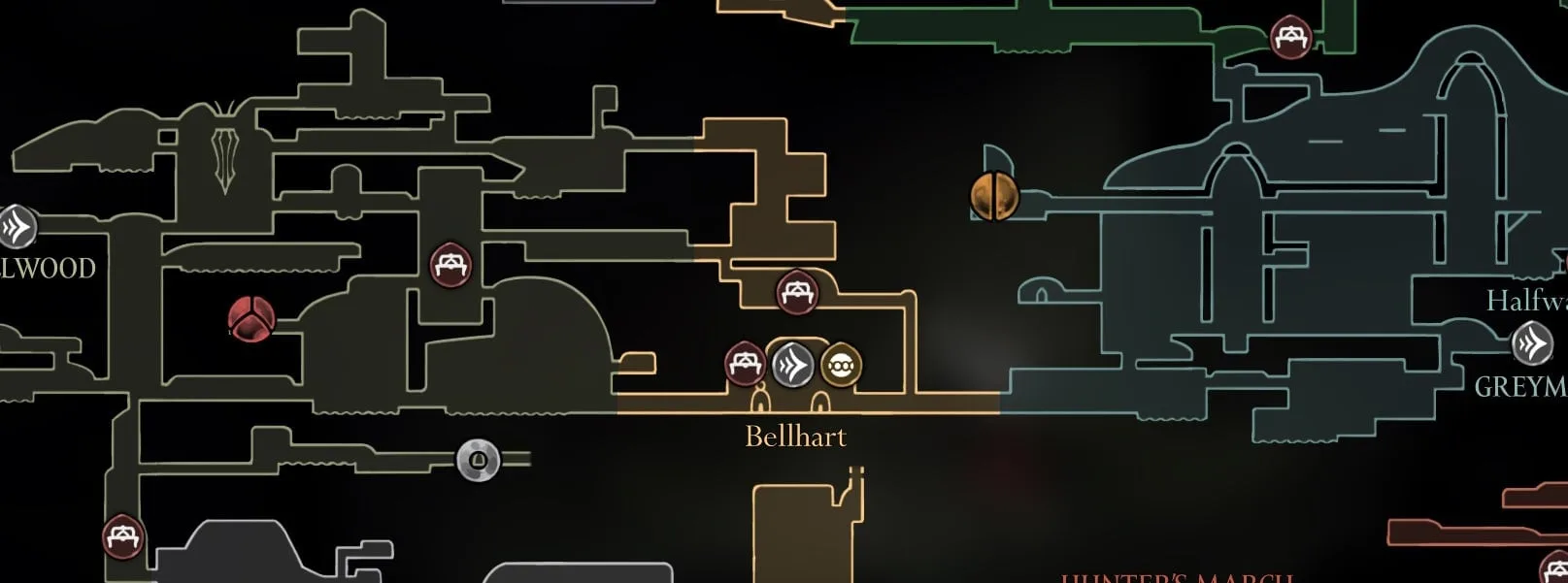 Was tun mit der Verdrehten Knospe - Hollow Knight: Silksong? 2 Markierungen – Rot: Grauwurzel. Silber: Standort nach Annahme des Ritus der Wiedergeburt. Gold: Yarnaby.